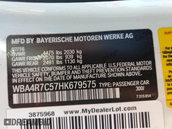 2017 BMW 4 Series 430i with VIN WBA4R7C57HK679575, listed as a Copart auction lot 45841335 with 74,973 mi miles and Salvage Title. Bid and sale history available at DreamBid. Image 12.