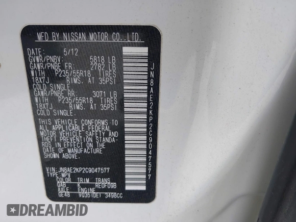 2012 Nissan Quest SL with VIN JN8AE2KP2C9047577, listed as a IAAI auction lot 42161933 with 116,930 mi miles and . Bid and sale history available at carsss.com. Image 9.