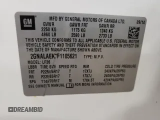 2015 Chevrolet Equinox LS with VIN 2GNALAEK7F1105621, listed as a Copart auction lot 55097565 with 123,416 mi miles and Clean Title. Bid and sale history available at carsss.com. Image 13.