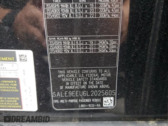 2020 Land Rover Defender HSE with VIN SALE9EEU6L2025605, listed as a Copart auction lot 50646375 with 37,846 mi miles and Salvage title. Bid and sale history available at DreamBid. Image 14.