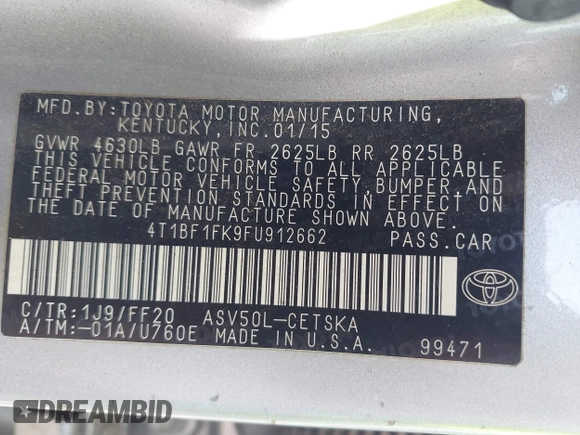 2015 Toyota Camry XLE with VIN 4T1BF1FK9FU912662, listed as a IAAI auction lot 42167247 with 206,295 mi miles and . Bid and sale history available at DreamBid. Image 9.