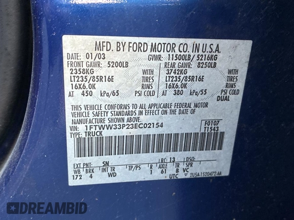 2003 Ford F-350 XL with VIN 1FTWW33P23EC02154, listed as a Copart auction lot 63713235 with 260,340 mi miles and Clean title. Bid and sale history available at DreamBid. Image 10.