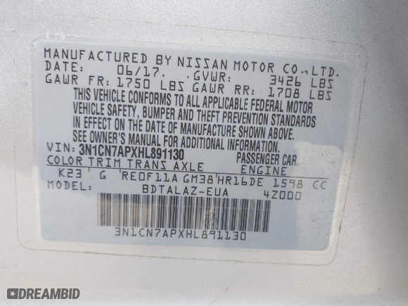 2017 Nissan Versa Sedan SV with VIN 3N1CN7APXHL891130, listed as a IAAI auction lot 41686172 with 119,128 mi miles. Bid and sale history available at carsss.com. Image 9.