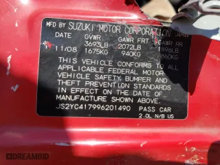 2009 Suzuki SX4 Touring Pkg 2 with VIN JS2YC417996201490, listed as a Copart auction lot 73466424 with 0 mi miles and Salvage Title. Bid and sale history available at carsss.com. Image 12.