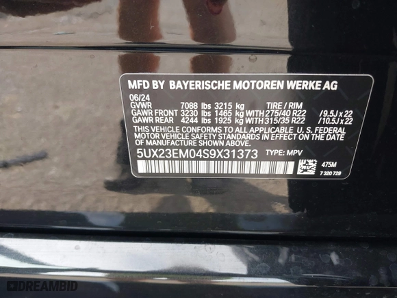 2025 BMW X7 xDrive40i with VIN 5UX23EM04S9X31373, listed as a IAAI auction lot 41429790 with 1,880 mi miles. Bid and sale history available at carsss.com. Image 9.
