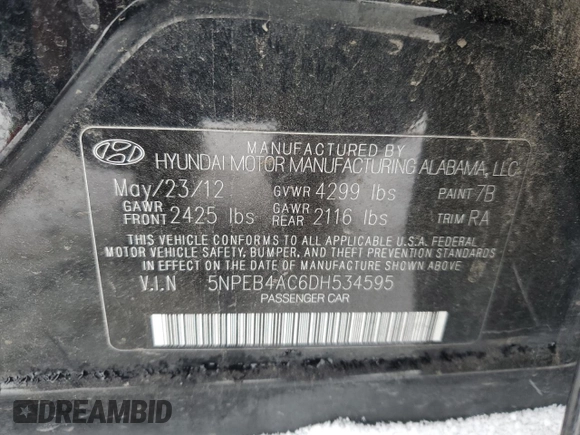 2013 Hyundai Sonata GLS z VIN 5NPEB4AC6DH534595, wystawiony jako Copart lot #87608475 z przebiegiem 190 407 mil mil oraz Szkoda całkowita • Salvage title. Historia ofert i sprzedaży dostępna na DreamBid. Obrazek 12.