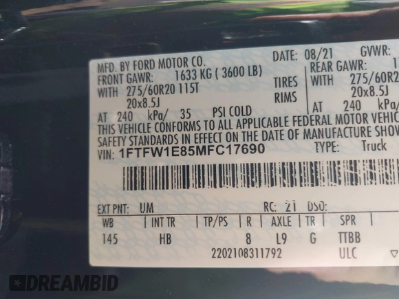 2021 Ford F-150 XL with VIN 1FTFW1E85MFC17690, listed as a IAAI auction lot 41850547 with 62,591 mi miles and . Bid and sale history available at DreamBid. Image 9.