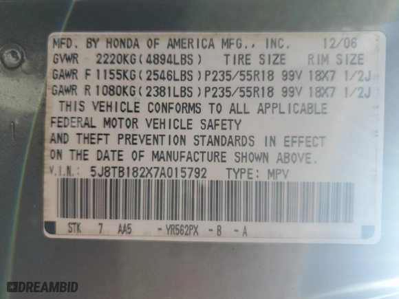 2007 Acura RDX with VIN 5J8TB182X7A015792, listed as a Copart auction lot 44230855 with 157,993 mi miles and Salvage Title. Bid and sale history available at carsss.com. Image 13.