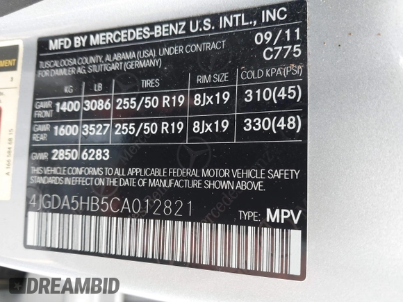 2012 Mercedes-Benz M ML 350 with VIN 4JGDA5HB5CA012821, listed as a IAAI auction lot 42128070 with 94,749 mi miles. Bid and sale history available at carsss.com. Image 9.