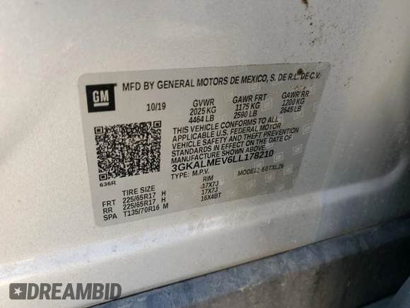 2020 GMC Terrain SLE with VIN 3GKALMEV6LL178210, listed as a Copart auction lot 89193585 with 75,623 mi miles and Salvage Title. Bid and sale history available at DreamBid. Image 15.
