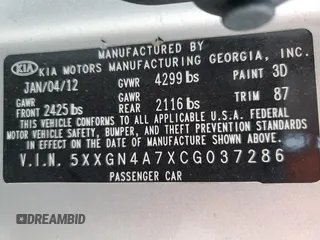 2012 Kia Optima EX with VIN 5XXGN4A7XCG037286, listed as a Copart auction lot 52386335 with 114,750 mi miles and Salvage Title. Bid and sale history available at carsss.com. Image 12.