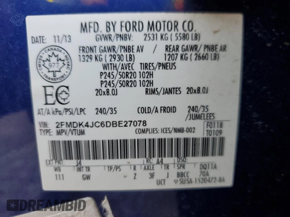 2013 Ford Edge SEL with VIN 2FMDK4JC6DBE27078, listed as a Copart auction lot 46593035 with 64,526 mi miles and Salvage Title. Bid and sale history available at carsss.com. Image 13.