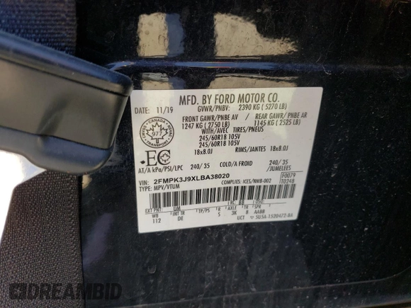 2020 Ford Edge SEL с VIN 2FMPK3J9XLBA38020, выставлен на аукционе Copart как лот 56423945 с пробегом 76 033 миль миль и Чистый • Clean title. История ставок и продаж доступна на DreamBid. Изображение 13.