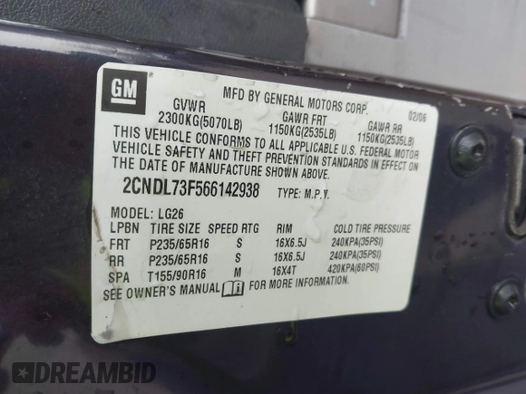 2006 Chevrolet Equinox LT with VIN 2CNDL73F566142938, listed as a IAAI auction lot 41468387 with 173,525 mi miles. Bid and sale history available at carsss.com. Image 9.