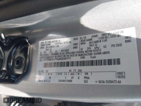 2018 Ford F-150 XL с VIN 1FTEW1CP0JKD35171, выставлен на аукционе IAAI как лот 42594307 с пробегом 123 237 миль миль и . История ставок и продаж доступна на DreamBid. Изображение 9.