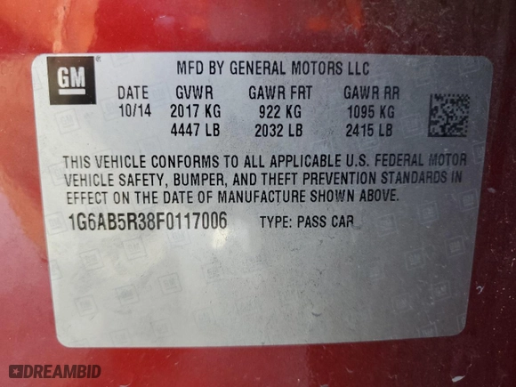 2015 Cadillac ATS Luxury with VIN 1G6AB5R38F0117006, listed as a Copart auction lot 69293384 with 117,134 mi miles and Salvage Title. Bid and sale history available at carsss.com. Image 12.