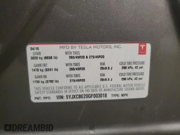 2016 Tesla Model X 70D z VIN 5YJXCBE20GF003018, wystawiony jako Copart lot #57671695 z przebiegiem 117 238 mil mil oraz Szkoda całkowita • Salvage title. Historia ofert i sprzedaży dostępna na DreamBid. Obrazek 14.