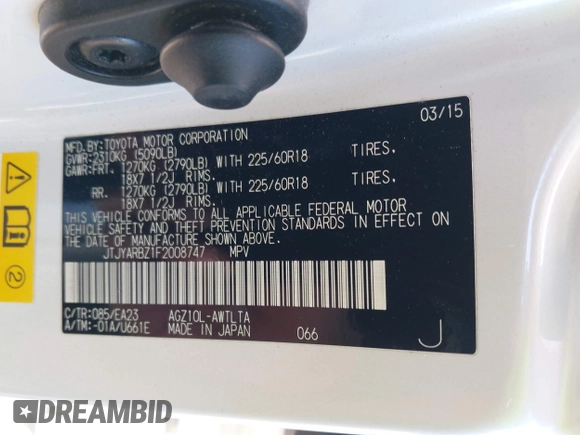 2015 Lexus NX 200t with VIN JTJYARBZ1F2008747, listed as a IAAI auction lot 41956972 with 77,020 mi miles and . Bid and sale history available at DreamBid. Image 9.