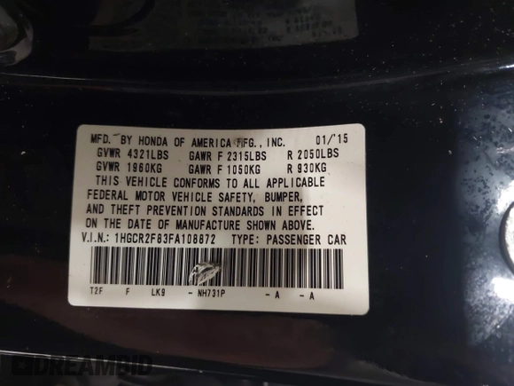2015 Honda Accord EX-L с VIN 1HGCR2F83FA108872, выставлен на аукционе IAAI как лот 42277894 с пробегом 193 280 миль миль и . История ставок и продаж доступна на DreamBid. Изображение 9.