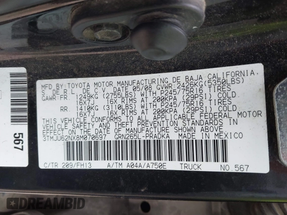 2008 Toyota Tacoma PreRunner with VIN 3TMJU62NX8M070697, listed as a IAAI auction lot 41781617 with 251,414 mi miles and . Bid and sale history available at DreamBid. Image 9.