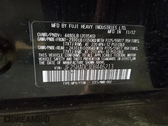2013 Subaru Forester 2.5X Premium with VIN JF2SHADC3DH446213, listed as a Copart auction lot 44325395 with 114,445 mi miles and Salvage Title. Bid and sale history available at carsss.com. Image 13.
