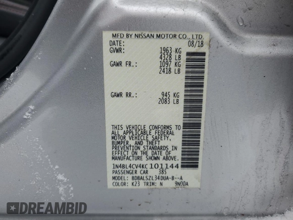 2019 Nissan Altima 2.5 SR with VIN 1N4BL4CV4KC101144, listed as a Copart auction lot 45200245 with 75,389 mi miles and Salvage Title. Bid and sale history available at carsss.com. Image 12.