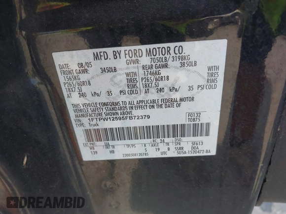 2005 Ford F-150 XLT with VIN 1FTPW12595FB72379, listed as a IAAI auction lot 42232292 with 124,933 mi miles and . Bid and sale history available at DreamBid. Image 9.