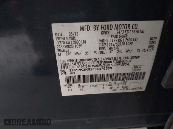 2016 Ford Edge Titanium with VIN 2FMPK3K92GBB76588, listed as a IAAI auction lot 40279879 with 116,293 mi miles. Bid and sale history available at carsss.com. Image 9.