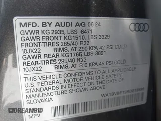 2024 Audi Q8 Premium Plus с VIN WA1BVBF19RD019586, выставлен на аукционе IAAI как лот 42746554 с пробегом 9 377 миль миль и . История ставок и продаж доступна на DreamBid. Изображение 9.