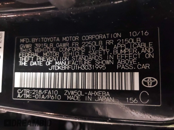 2017 Toyota Prius Two with VIN JTDKBRFU1H3031995, listed as a IAAI auction lot 41560653 with 155,092 mi miles and . Bid and sale history available at DreamBid. Image 9.