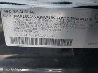 2007 Audi A4 2.0T with VIN WAUAF78E57A227567, listed as a IAAI auction lot 41192417 with 157,393 mi miles. Bid and sale history available at carsss.com. Image 9.