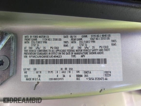 2014 Ford Escape SE with VIN 1FMCU9G95EUE49423, listed as a IAAI auction lot 41792045 with 56,733 mi miles and . Bid and sale history available at carsss.com. Image 9.