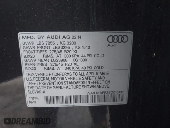 2014 Audi Q7 Premium Plus with VIN WA1LMAFE3ED016102, listed as a IAAI auction lot 40954158 with 129,143 mi miles and . Bid and sale history available at DreamBid. Image 9.