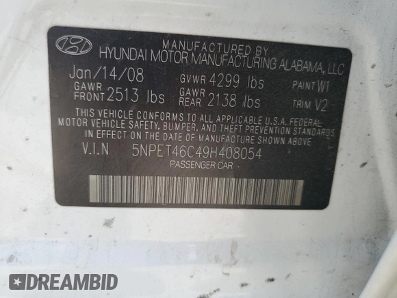 2009 Hyundai Sonata GLS with VIN 5NPET46C49H408054, listed as a Copart auction lot 58868105 with 215,171 mi miles and Salvage title. Bid and sale history available at DreamBid. Image 12.