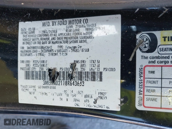 2008 Mercury Milan Premier with VIN 3MEHM02118R643643, listed as a IAAI auction lot 41624708 with 186,130 mi miles and . Bid and sale history available at DreamBid. Image 9.