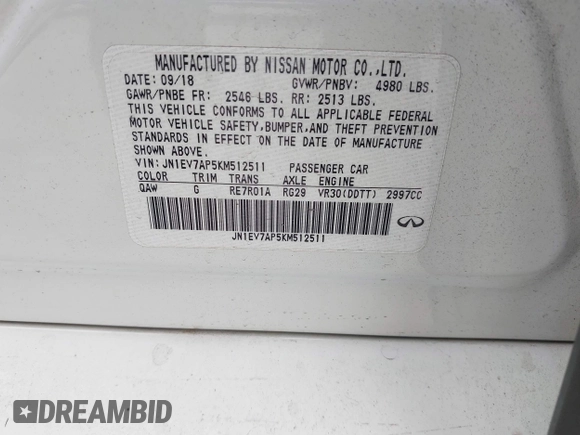 2019 Infiniti Q50 Luxe with VIN JN1EV7AP5KM512511, listed as a IAAI auction lot 42039355 with Not provided miles and . Bid and sale history available at DreamBid. Image 9.