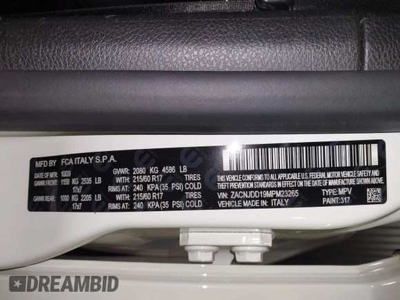 2021 Jeep Renegade Limited with VIN ZACNJDD19MPM23265, listed as a IAAI auction lot 42091164 with 19,217 mi miles and . Bid and sale history available at DreamBid. Image 9.