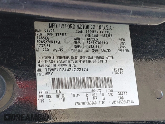 2003 Ford Expedition Eddie Bauer z VIN 1FMFU18L43LC23174, wystawiony jako IAAI lot #42021679 z przebiegiem 240 025 mil mil oraz . Historia ofert i sprzedaży dostępna na DreamBid. Obrazek 9.