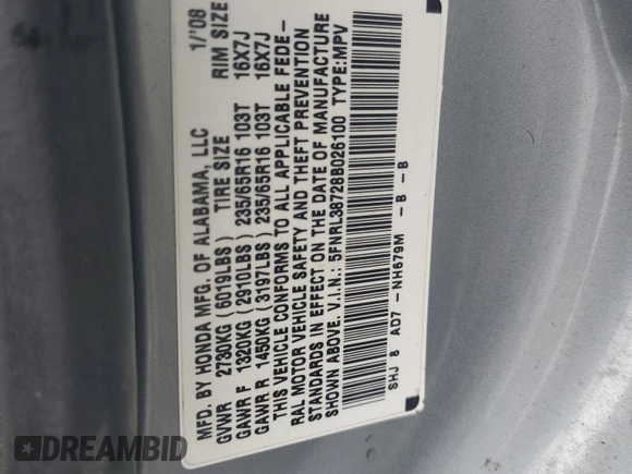2008 Honda Odyssey EX-L с VIN 5FNRL38728B026100, выставлен на аукционе Copart как лот 61430225 с пробегом 168 037 миль миль и Чистый • Clean title. История ставок и продаж доступна на DreamBid. Изображение 13.