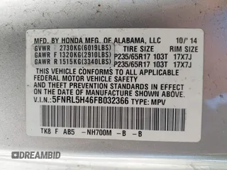 2015 Honda Odyssey EX with VIN 5FNRL5H46FB032366, listed as a IAAI auction lot 42034443 with 154,679 mi miles and . Bid and sale history available at carsss.com. Image 9.