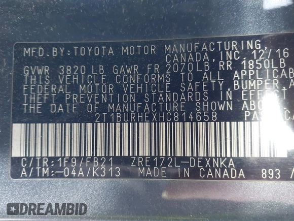 2017 Toyota Corolla L with VIN 2T1BURHEXHC814658, listed as a IAAI auction lot 41696935 with 94,598 mi miles and . Bid and sale history available at DreamBid. Image 9.