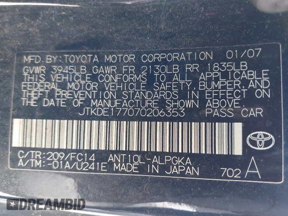 2007 Scion tC Spec with VIN JTKDE177070206353, listed as a IAAI auction lot 42594133 with 222,894 mi miles and . Bid and sale history available at DreamBid. Image 9.