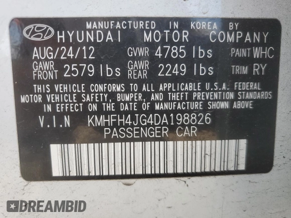 2013 Hyundai Azera with VIN KMHFH4JG4DA198826, listed as a Copart auction lot 64582555 with 133,149 mi miles and Clean title. Bid and sale history available at DreamBid. Image 12.