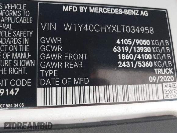 2020 Mercedes-Benz Sprinter Cargo Cargo with VIN W1Y40CHYXLT034958, listed as a IAAI auction lot 39915952 with 182,384 mi miles and . Bid and sale history available at carsss.com. Image 9.