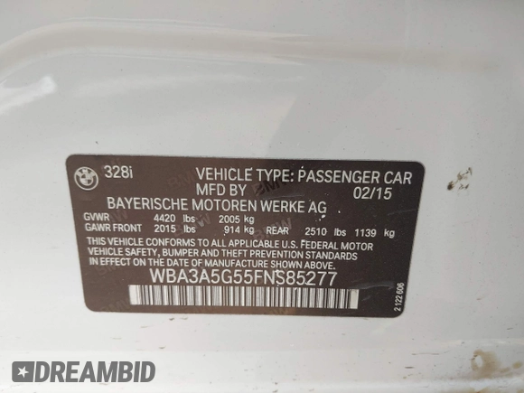 2015 BMW 3 Series 328i with VIN WBA3A5G55FNS85277, listed as a IAAI auction lot 41593498 with 128,265 mi miles and . Bid and sale history available at carsss.com. Image 9.