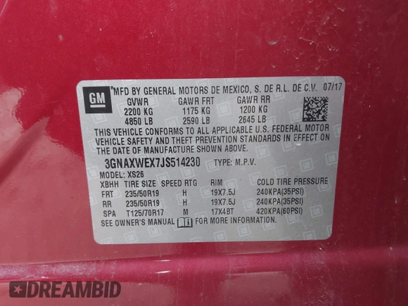 2018 Chevrolet Equinox Premier with VIN 3GNAXWEX7JS514230, listed as a IAAI auction lot 41848816 with 69,805 mi miles and . Bid and sale history available at carsss.com. Image 9.