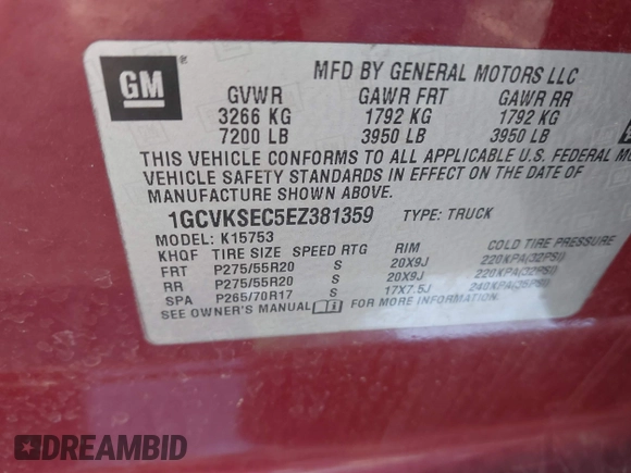 2014 Chevrolet Silverado 1500 LTZ with VIN 1GCVKSEC5EZ381359, listed as a IAAI auction lot 41780940 with 90,193 mi miles and . Bid and sale history available at DreamBid. Image 9.