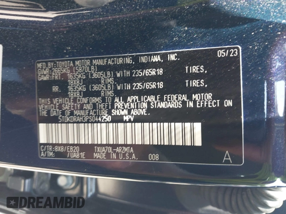 2023 Toyota Highlander L with VIN 5TDKDRAH3PS044250, listed as a IAAI auction lot 42322881 with 50,454 mi miles and . Bid and sale history available at DreamBid. Image 9.