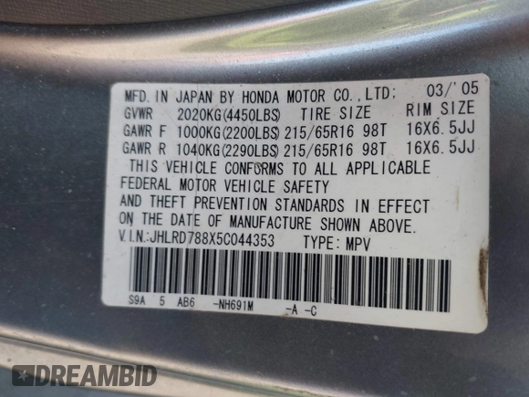 2005 Honda CR-V EX with VIN JHLRD788X5C044353, listed as a IAAI auction lot 42051083 with 181,228 mi miles and . Bid and sale history available at DreamBid. Image 9.