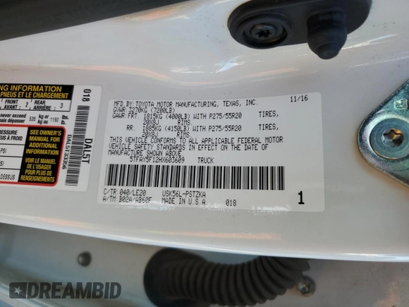 2017 Toyota Tundra Platinum with VIN 5TFAY5F12HX603609, listed as a Copart auction lot 50657005 with 156,251 mi miles and Salvage title. Bid and sale history available at DreamBid. Image 13.